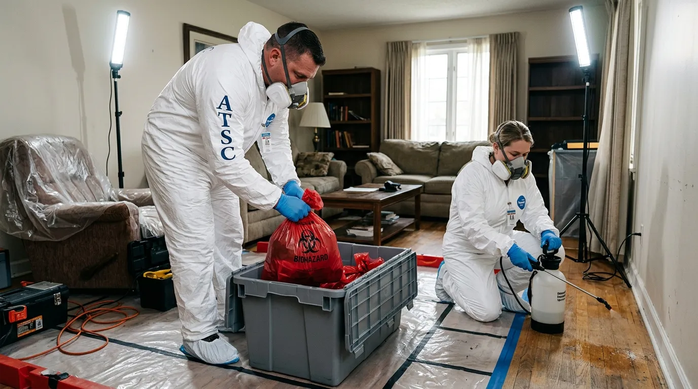 Professional Hazmat Cleanup technician in full PPE working in New River